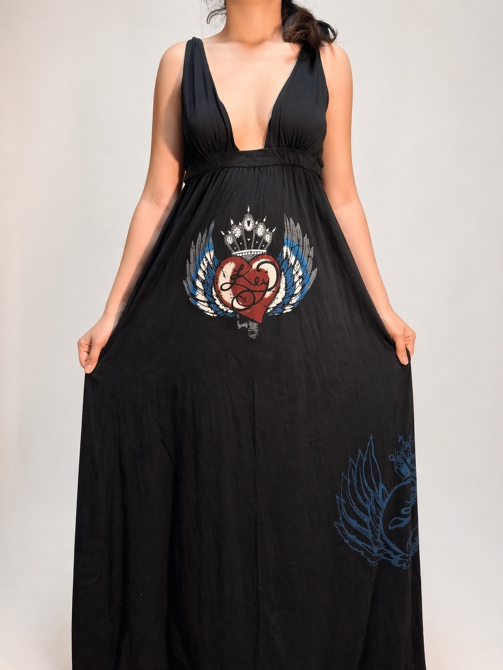 Vintage Y2K Key Closet LA Graphic Plunge Maxi Dress Goth Emo Small